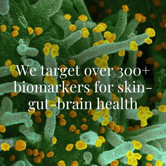A magnified scientific image of green and yellow cellular structures, suggesting microscopic activity. The overlay text reads: “We target over 300+ biomarkers for skin-gut-brain health.”